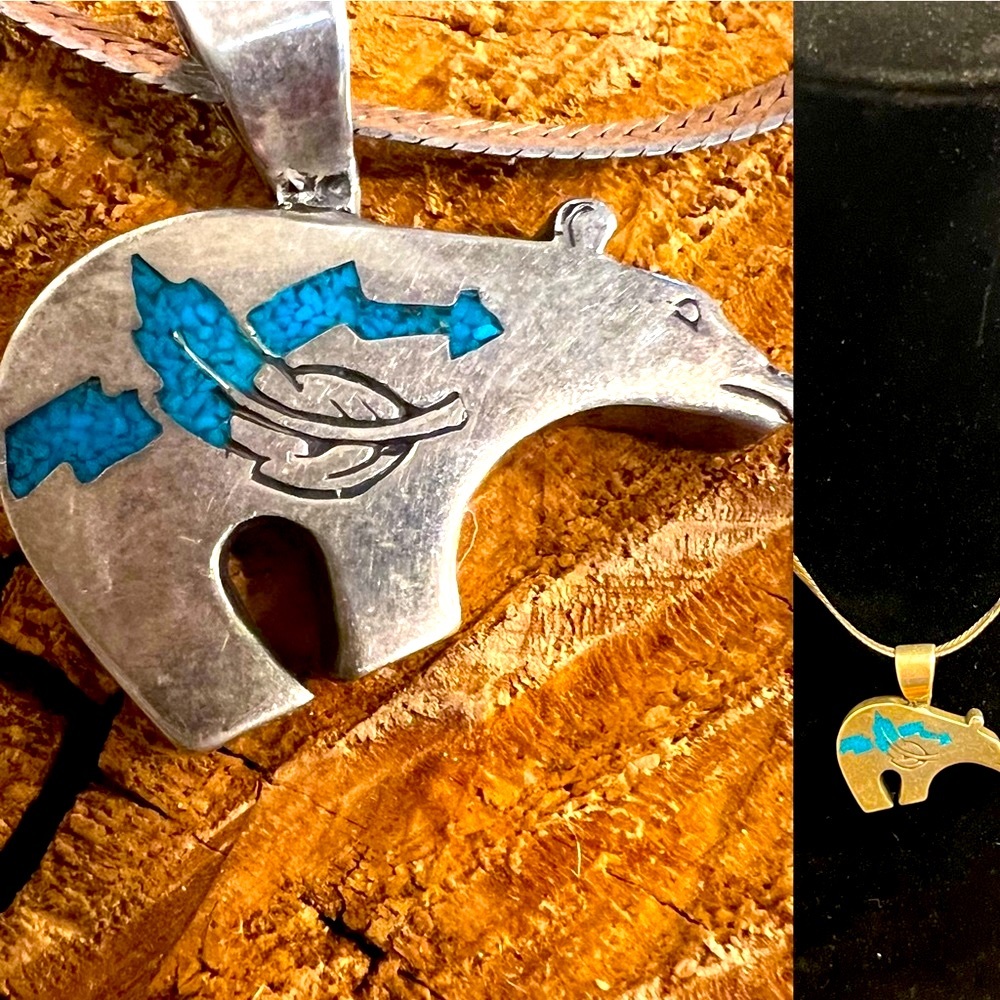 🌟NATIVE AMERICAN 🌟 Genuine Silver & Turquoise Bear Pendant with Silver chain.